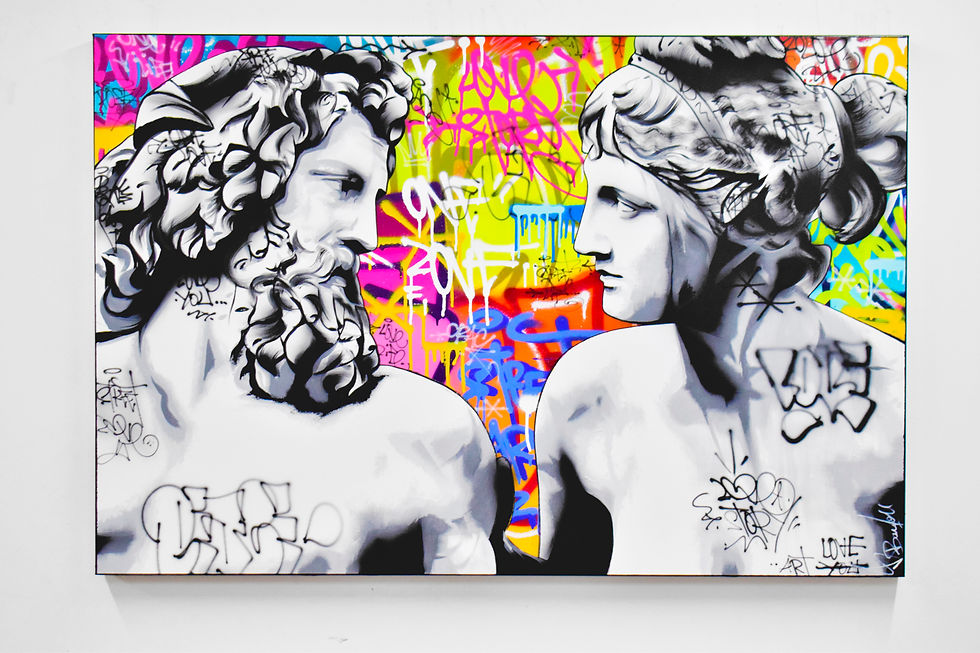 Thumbnail: Tableau Zeus et Héra en street art pop moderne, mélange de mythologie grecque et design urbain signé Vincent Bardou.