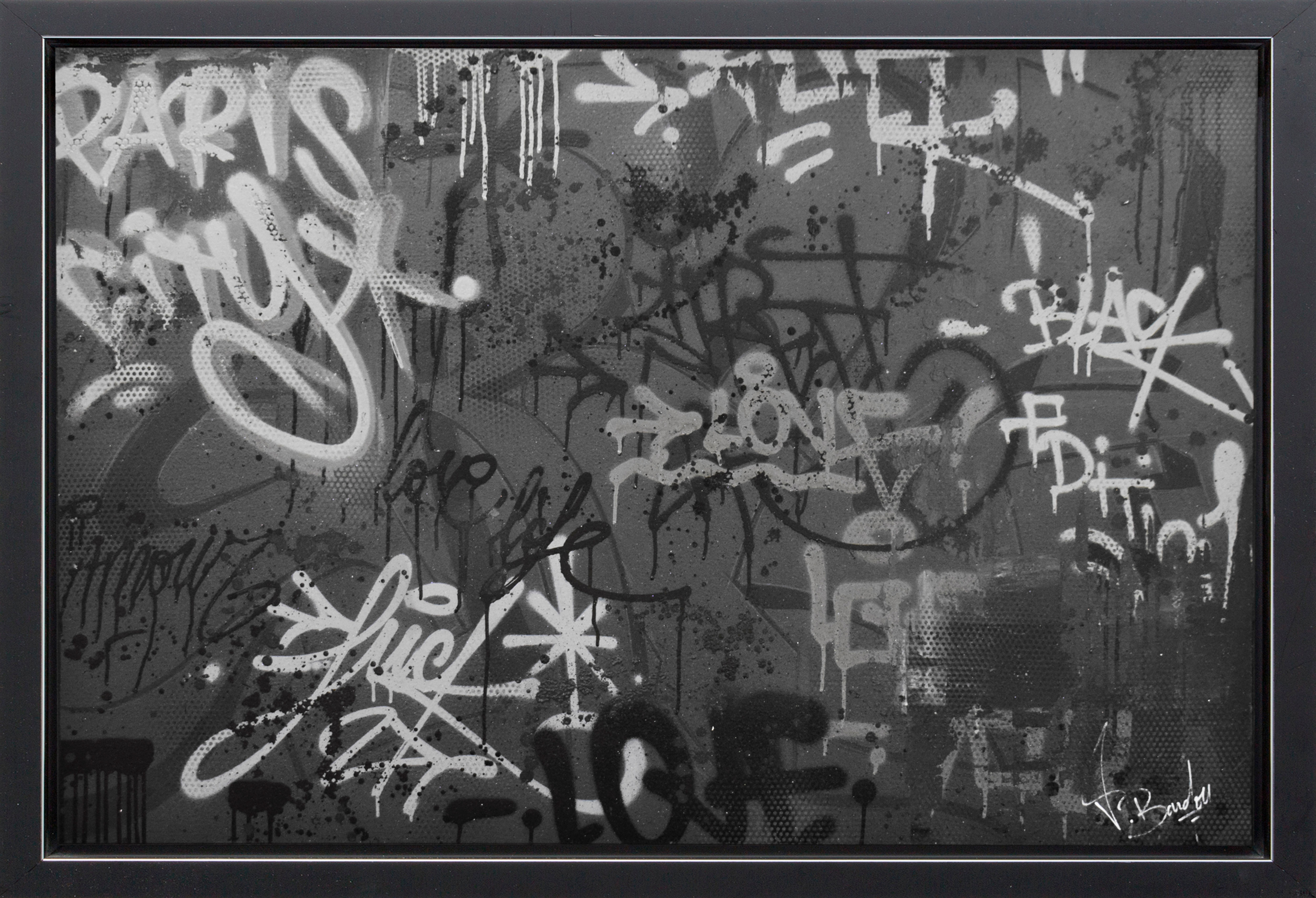 Tableau graffiti noir XXL par Bardou. Street art moderne et minimaliste, parfait pour une déco urbaine et contemporaine