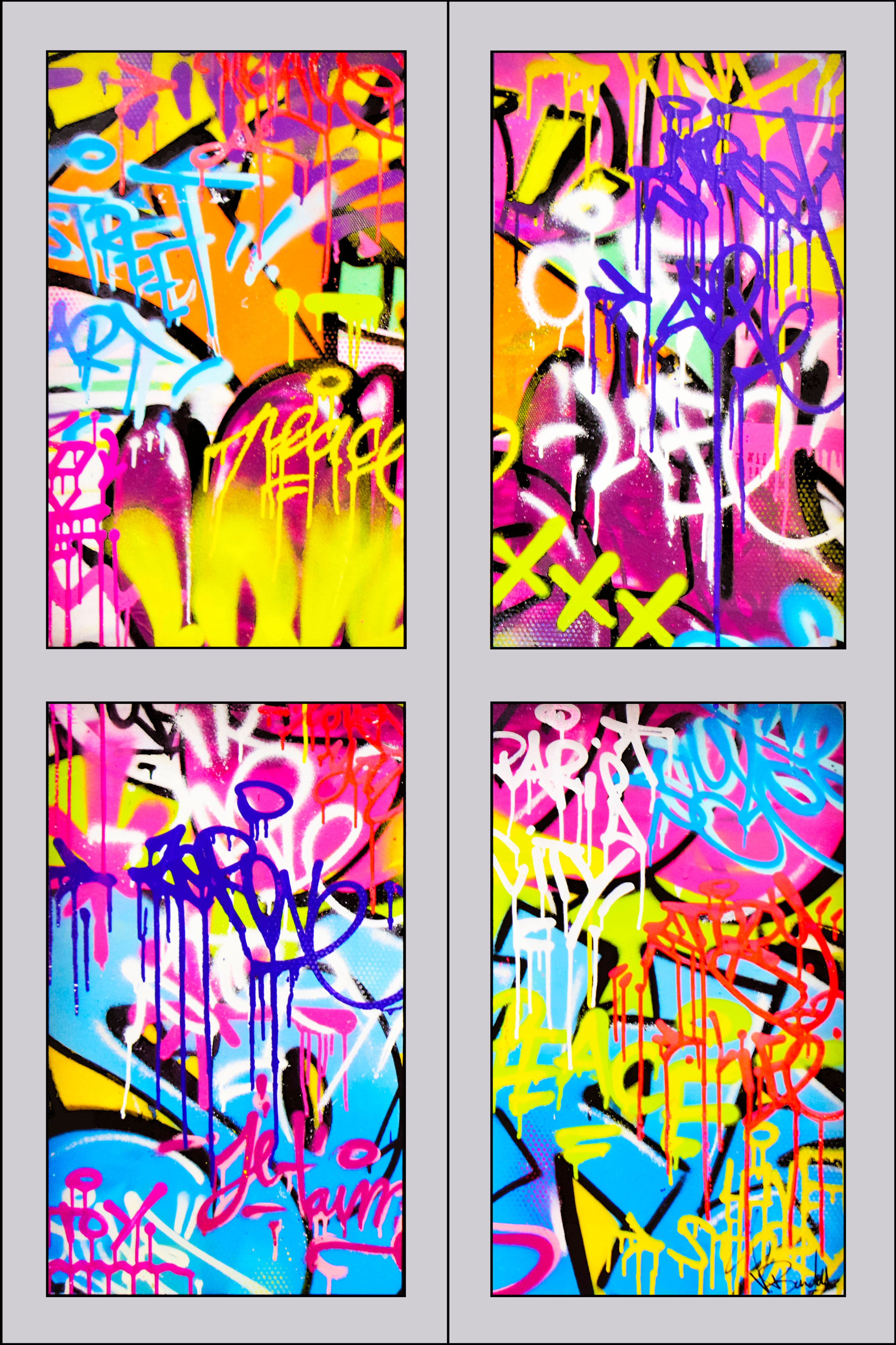 Peinture graffiti multicolore pour déco salon moderne XXL, style street art urbain signé Vincent Bardou.