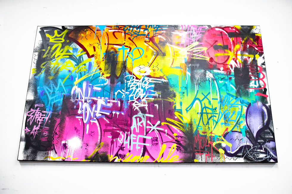 Miniatura: Tableau Street Art tagué style Banksy, multicolore, art urbain moderne. Peinture déco murale design signée Vincent Bardou