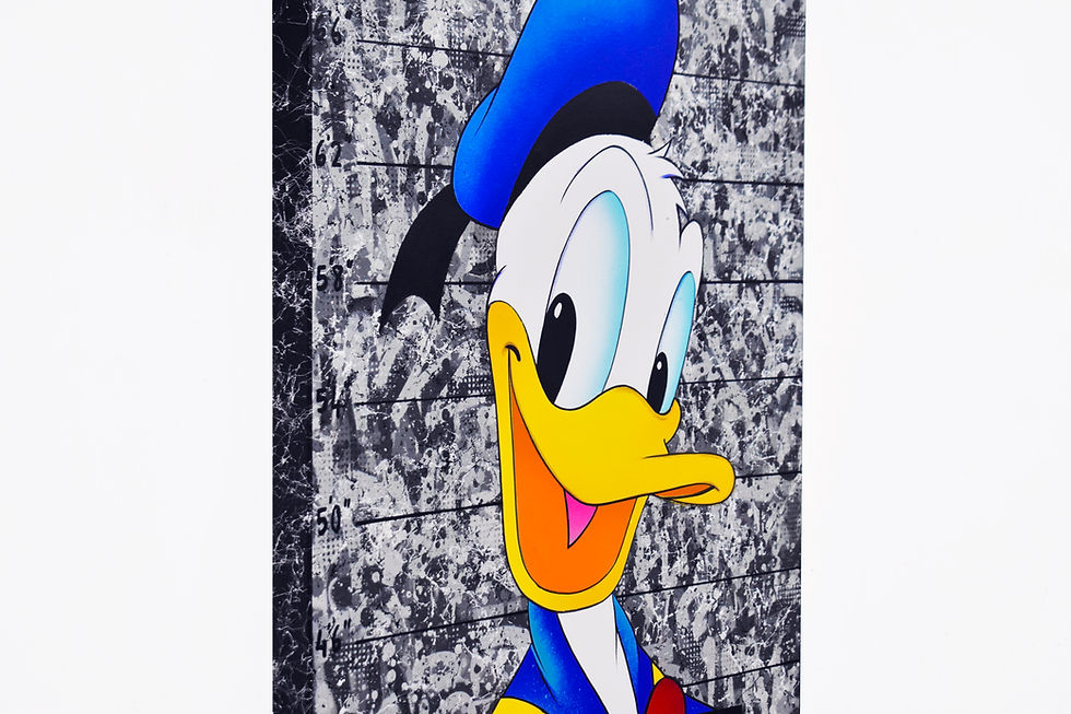 tableau murale originale Donald Duck emprisonné, style graffiti pop art. Une œuvre unique par Vincent Bardou mêlant humour