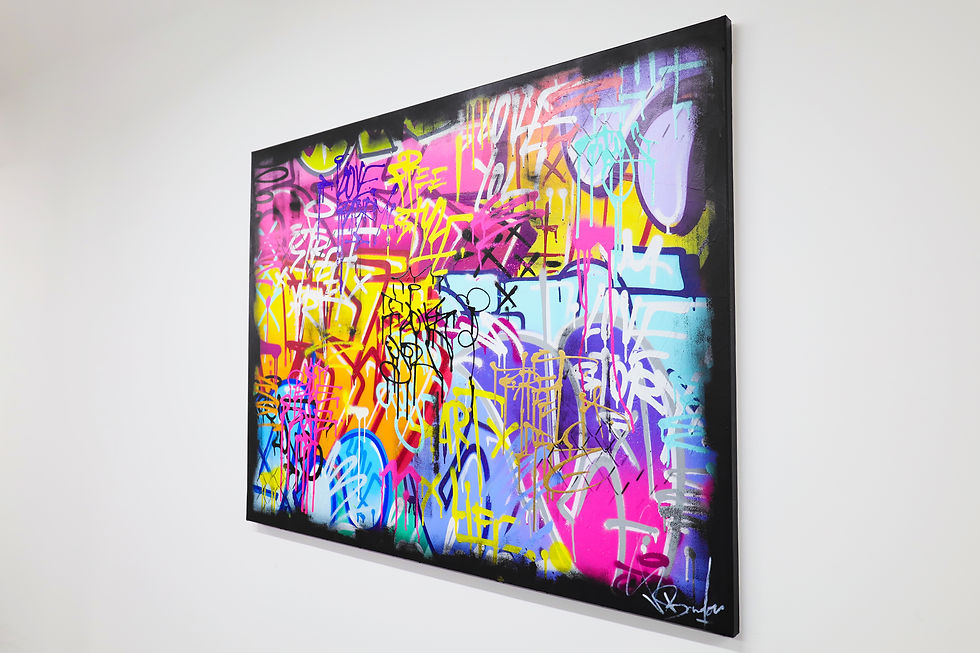 Miniatura: Tableau street art multicolore, toile peinte à la main avec motifs tags abstraits.