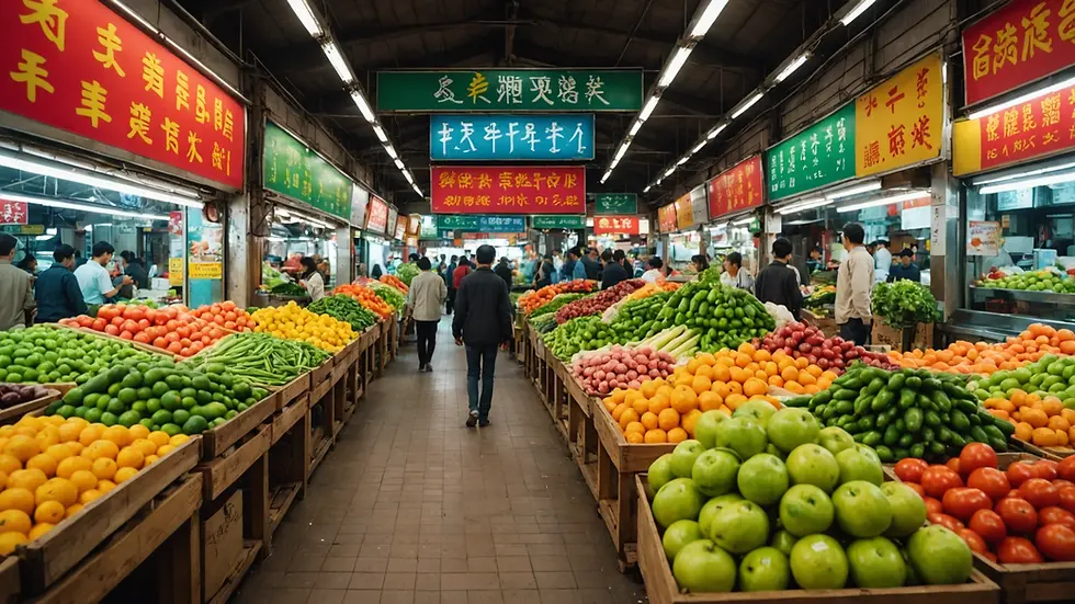 Eye-level view of a vibrant Asian market with fresh produce