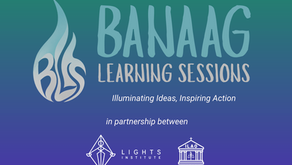 Banaag Learning Sessions, with a flame logo using BLS as hte base. The flame is a gradient of orange to yellow (from bottom to top). This is in partnership between LIGHTS Institute and the Ateneo de Naga University – Ignatian Legal Apostolate Office .