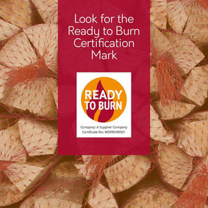 Netted bags marked with ready to burn certification symbol.