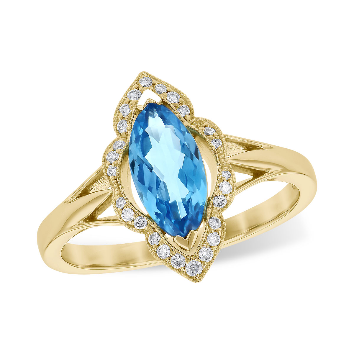 14k Yellow Gold Blue Topaz & Diamond Ring