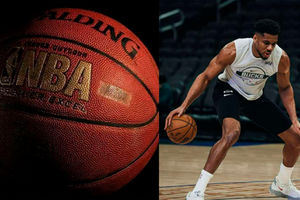 Balón oficial de la NBA junto a Giannis Antetokounmpo entrenando con los Milwaukee Bucks.