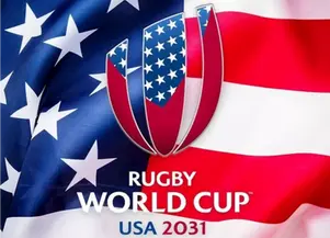 ES: Logo de la Copa Mundial de Rugby 2031 sobre la bandera de Estados Unidos