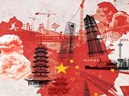 Vista del skyline financiero de China con gráficos bursátiles al alza, reflejando la resiliencia económica frente a la crisis global derivada del conflicto en Oriente Medio.