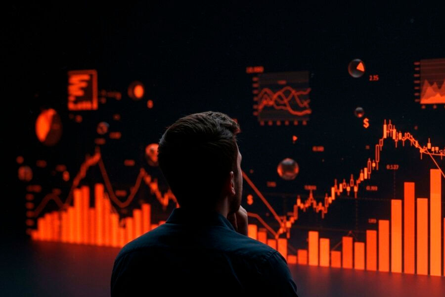 Un hombre observa varias gráficas financieras en rojo, que muestran caídas y volatilidad en los mercados, reflejando incertidumbre y debilidad económica