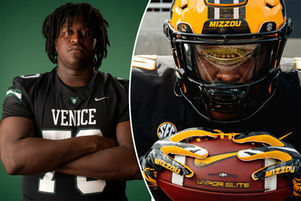 Collage de dos fotos de un jugador de fútbol americano: a la izquierda, con los brazos cruzados y la camiseta negra con la palabra "Venice" y el número 70 sobre fondo verde; a la derecha, con el uniforme negro y dorado de Missouri, casco con la inscripción "Mizzou" y un balón entre las manos.