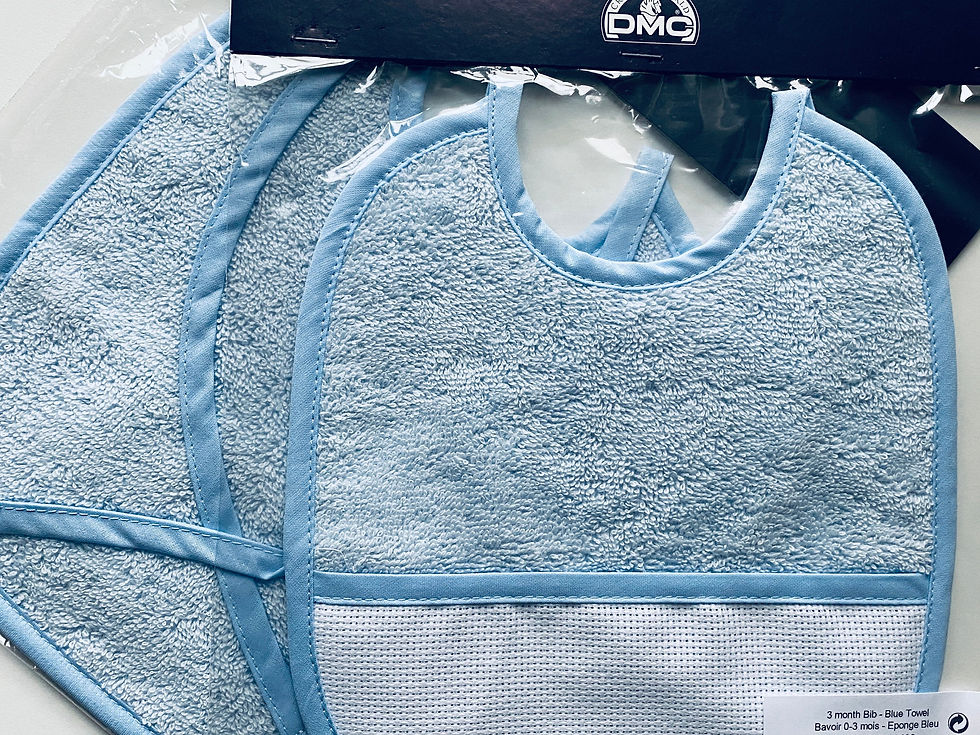 Thumbnail: DMC / 0~3 Months Bib - Towel Blue-Pink-Ivory-White with Ready-to-Stitch Aida