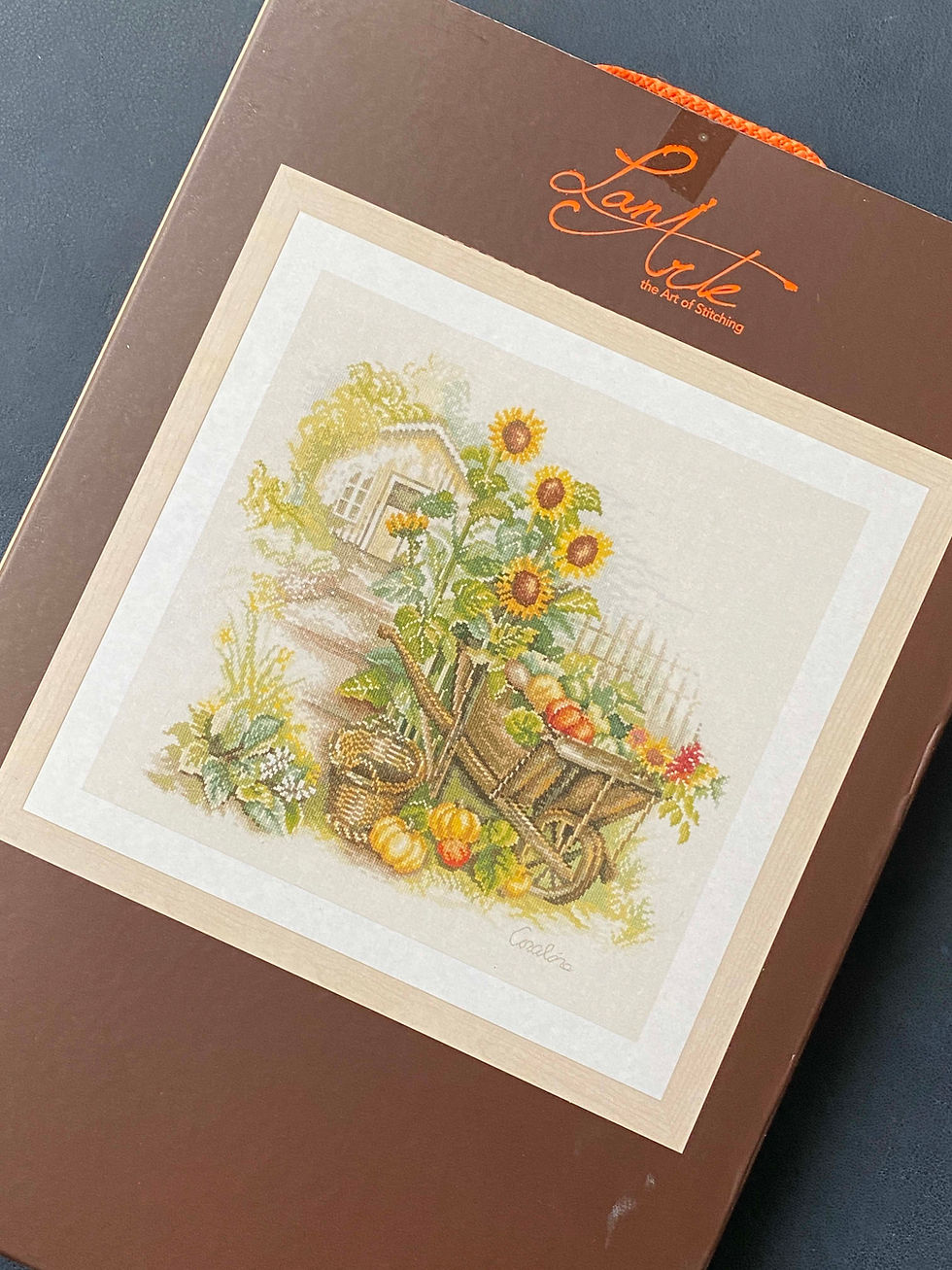Thumbnail: LanArte/PN-0007988 Wheelbarrow & Sunflowers by ©Coraline Bäcker/Cross Stitch Kit