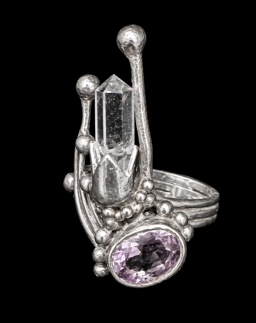 Sterling Silver Quartz Crystal & Amethyst Statement Ring