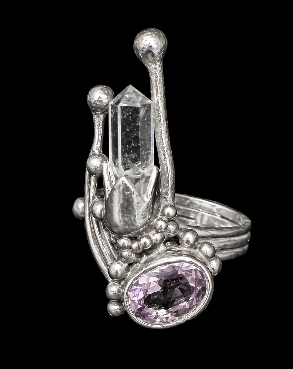 Thumbnail: Sterling Silver Quartz Crystal & Amethyst Statement Ring