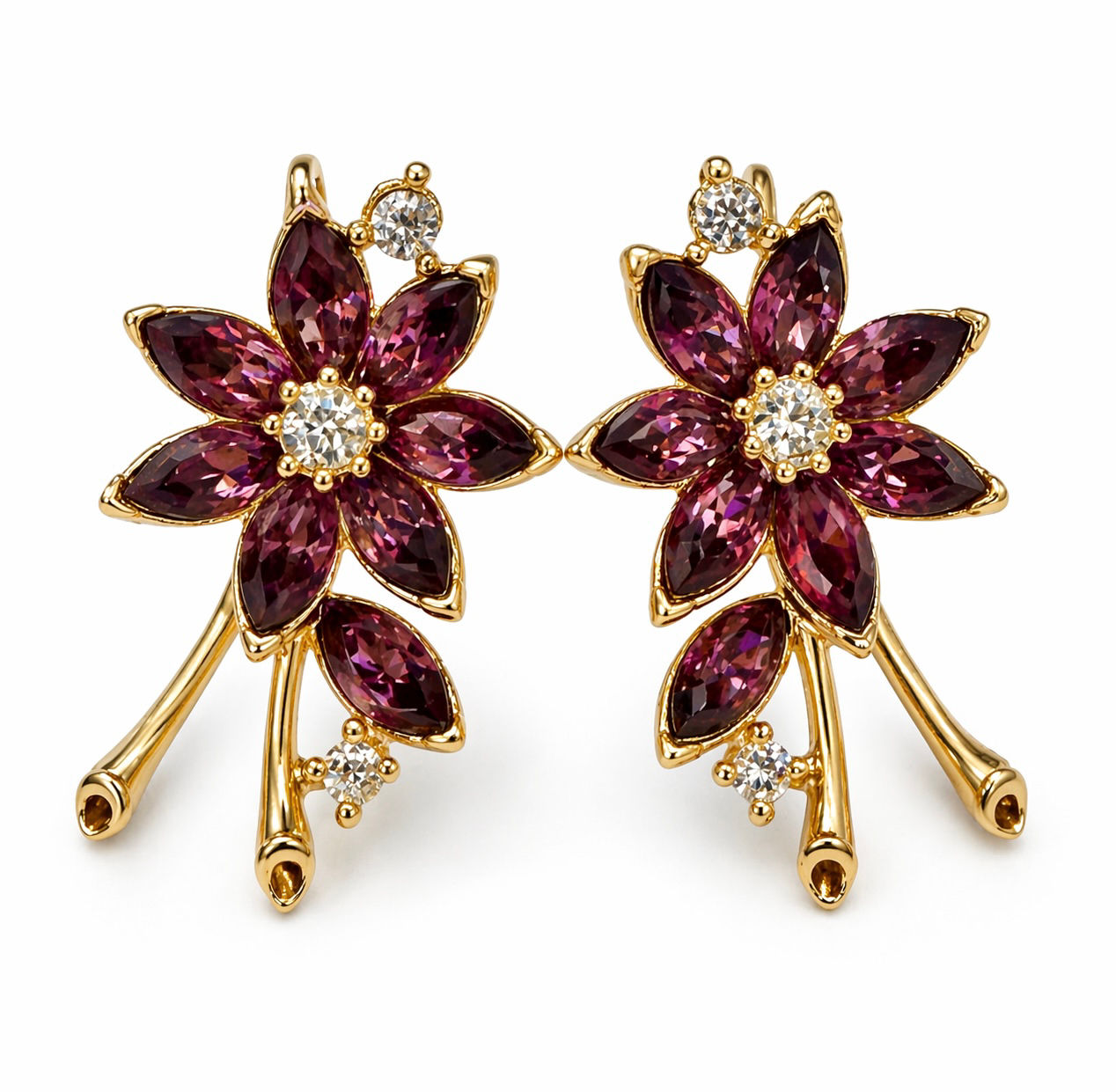 Christian Dior Floral Clip Earrings Rhinestone Gold Tone