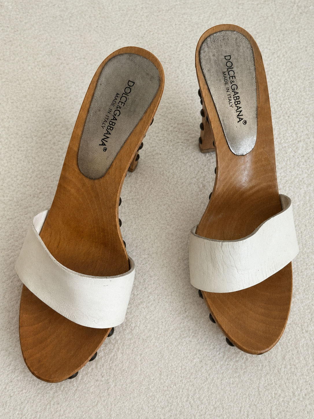 Dolce & Gabbana White Leather Wooden Platform Slides