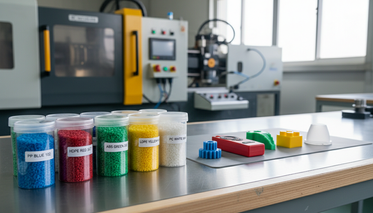 Eye-level view of coloured plastic granules beside moulded sample parts.