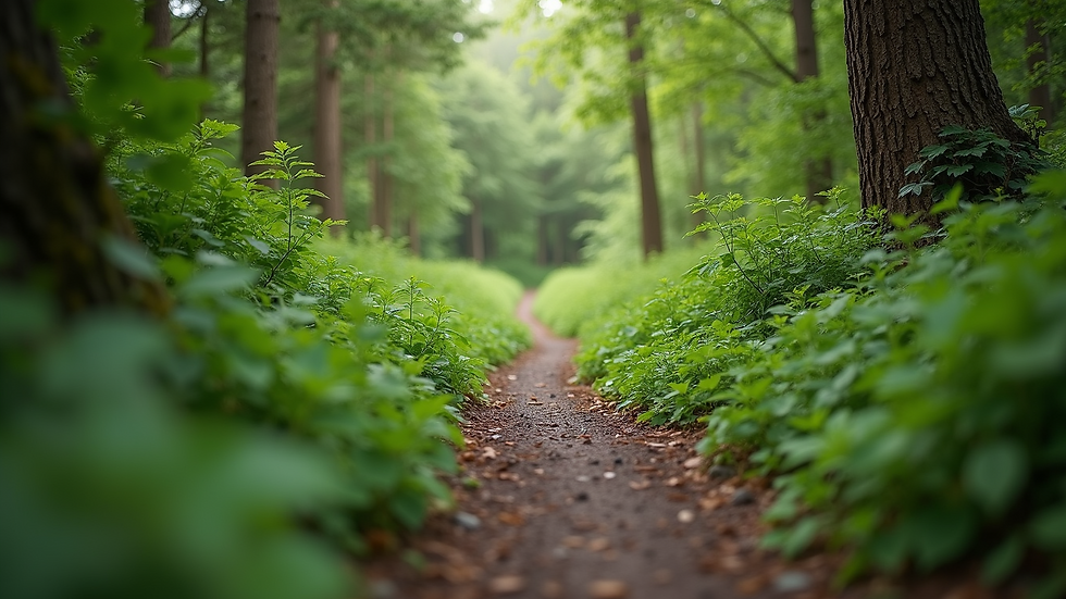 Eye-level view of a hiking trail surrounded by lush greenery