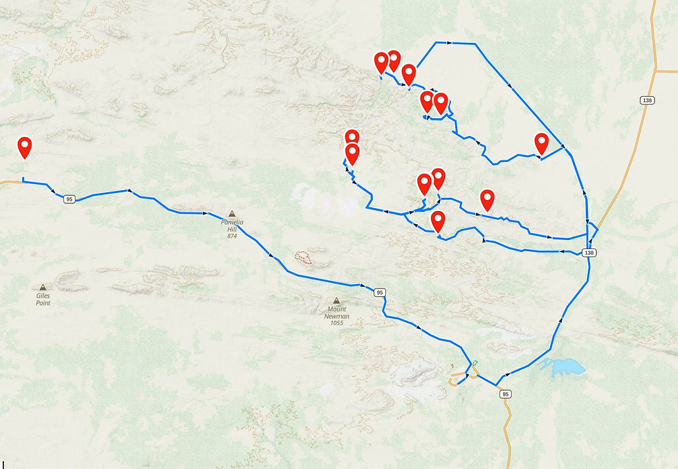 Map with blue coloured route and waypoints marking the locations visited in this blog