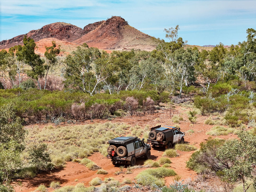 Hilux and 79 Series LandCruiser parked in remote Pilbara scrub on the 4WD detour between Marble Bar and Port Hedland.