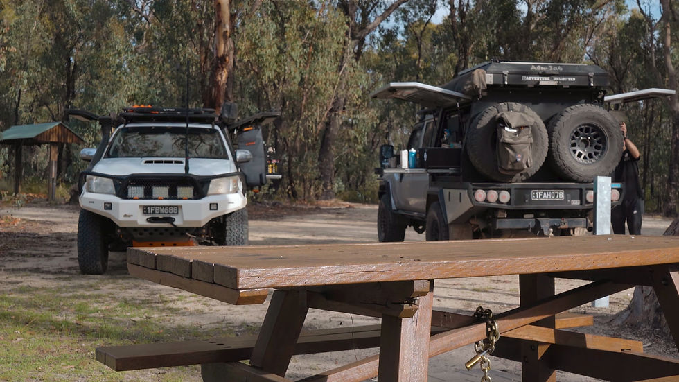 Karleah's Hilux and Paul's 79 Series parked up at Blatherarm Campground in Torrington Conservation Reserve