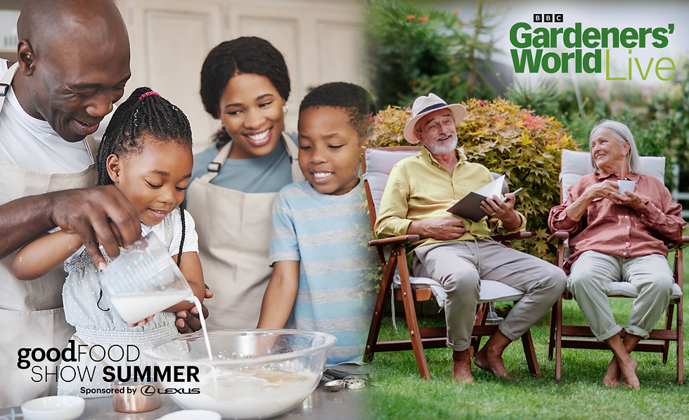 Combined image of young family cooking and elderly couple in the garden to illustrate Good Food Show Summer and BBC Gardeners World Live.