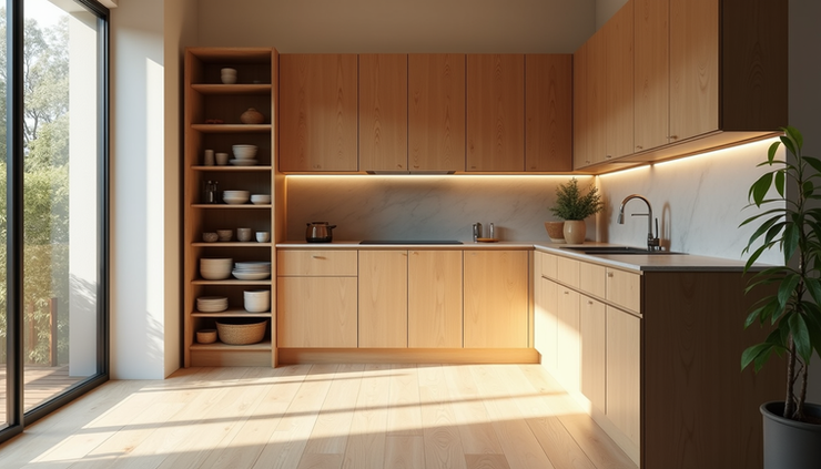 Eye-level view of custom kitchen cabinetry with built-in pantry in a modern home