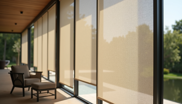 Close-up view of automated exterior screens shading a patio area in an Okanagan home