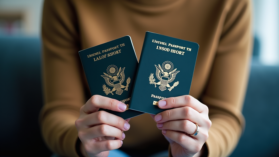Eye-level view of a person holding two passports