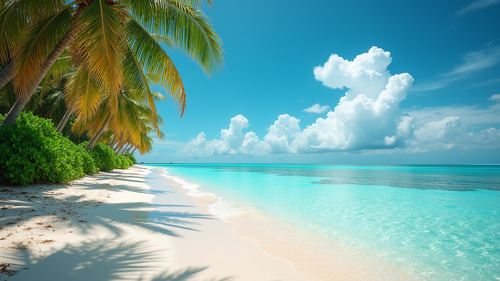 Eye-level view of a tropical beach with clear blue waters and palm trees