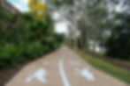 Pathway with pedestrian and bike lane markings, surrounded by lush greenery and trees. A couple walks in the distance under a bright sky.