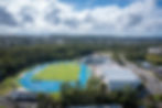 Aerial view of sports complex with blue running track and green field, surrounded by trees and buildings under a cloudy sky.