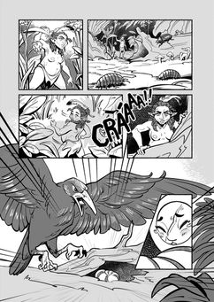 Página de quadrinho representando uma mulher grávida pequena como uma fada em meio a floresta quando é surpreendida por um pássaro.