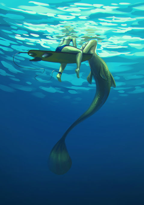 Ilustração retratando uma mulher surfista sentada em sua prancha de surf e uma sereia com os cotovelos apoiados na prancha junto a ela.