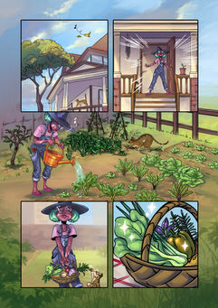 Página de quadrinho representando uma jovem negra com vitiligo em uma agradável manhã de jardinagem