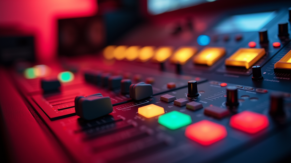 Close-up view of sound mixer and lighting controls in Music Station Lisboa
