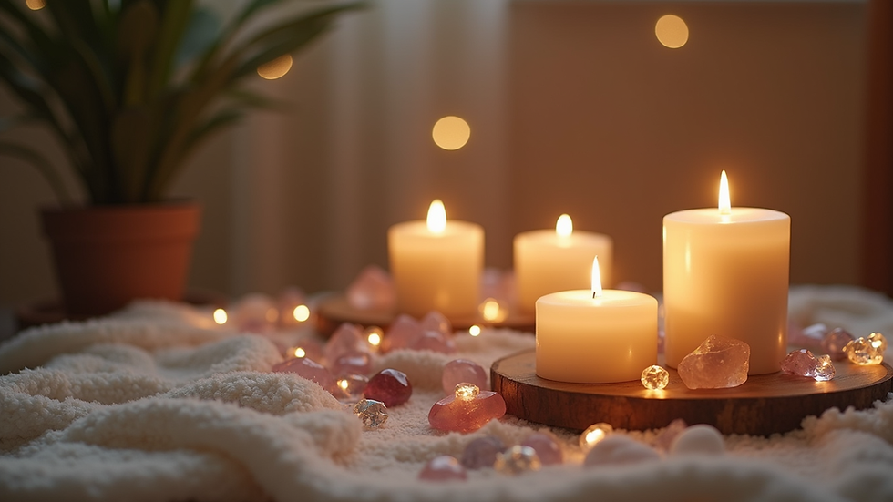 Close-up view of a serene meditation space with candles and crystals