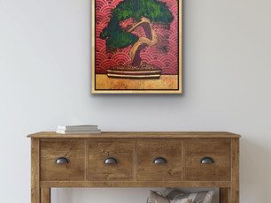 Pink japanese aesthetic bonsai painting