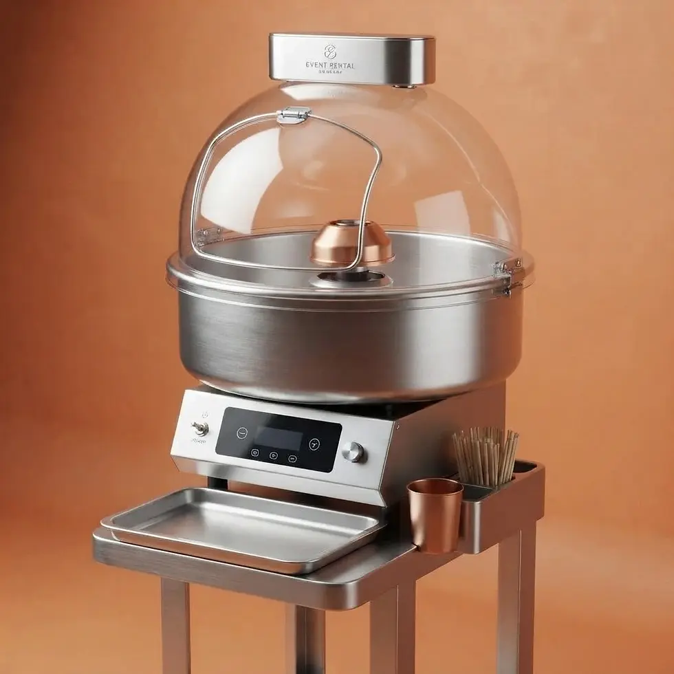 Studio photography of a modern, sleek cotton candy machine with a transparent dome. It features a brushed metallic finish and a digital display, set against a warm, minimalist beige background.