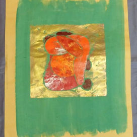 Werk mit dem Titel „IN GEDANKEN 2-9“, entstanden im Februar 2025 in Acryl auf Papier mit Deckfarbengrundierung, 50 x 70 cm, in der Hochdrucktechnik des Puzzeldrucks; thematisiert die Wirkung von Gedanken auf andere und setzt durch die innovative Technik und vielfältige Farbkompositionen eine moderne, nachdenkliche Atmosphäre um – präsentiert in Mirko's freyer Galerie.