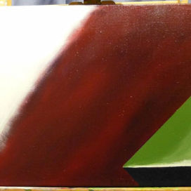 Werk mit dem Titel „GEGENSPIELER Grün 1“, entstanden im März 2025 in Acryl auf Leinwand mit Gouacheuntermalung, 46 x 66 cm; thematisiert die Balance zwischen Frische und Hoffnung, symbolisiert durch Grün, und Übermut, dargestellt durch Violett, sowie die Dynamik des Dreiecks, das für Entschlossenheit und Widerstand steht – präsentiert in Mirko's freyer Galerie.