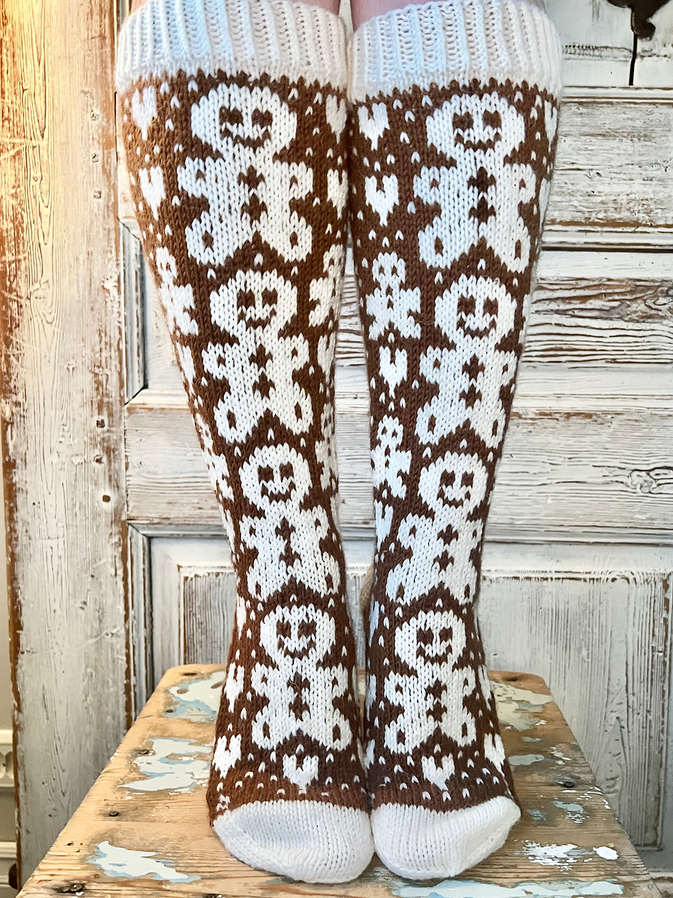 Thumbnail: Piparkakkupojat-villasukat – jouluiset kirjoneulesukat Sonja Nykäseltä