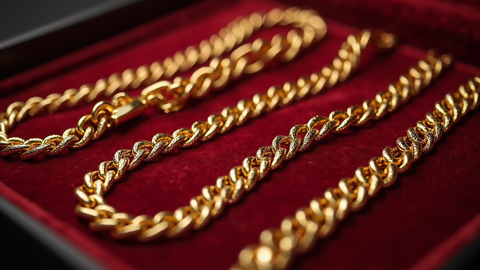 High angle view of layered gold chains on a velvet display