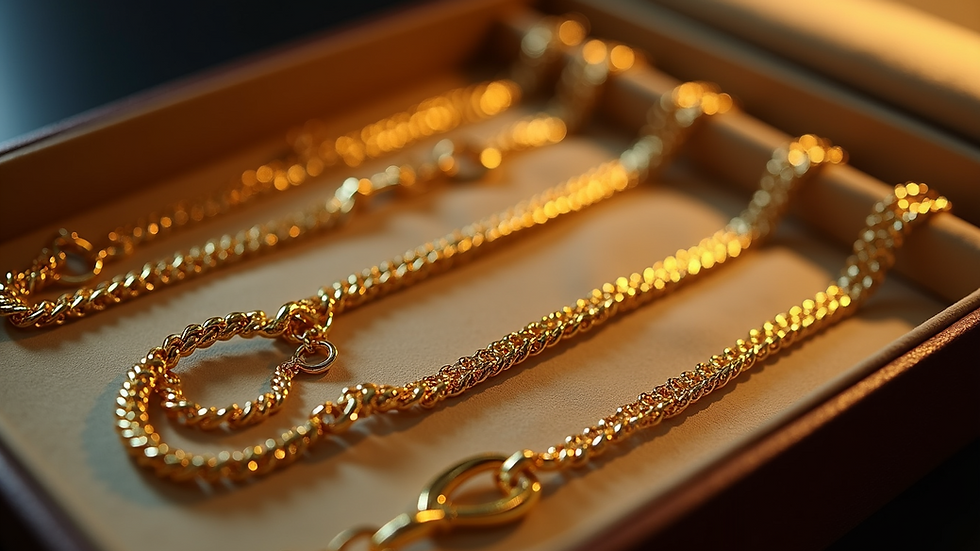 High angle view of a neatly organized jewelry box holding 18K solid gold chains