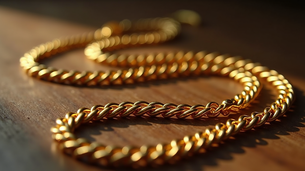 Eye-level view of a gold Byzantine chain necklace