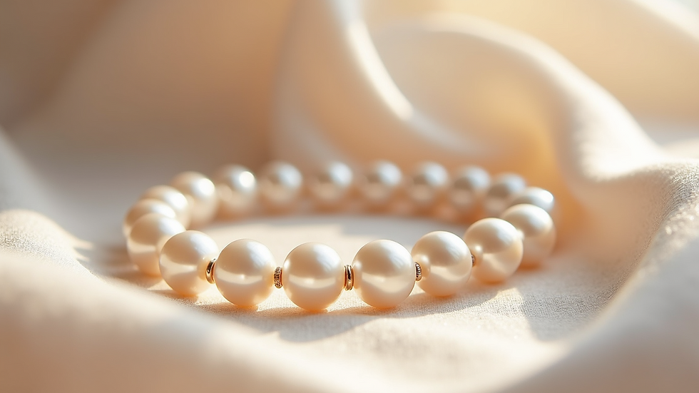 Eye-level view of a shimmering freshwater pearl bracelet against a soft fabric backdrop