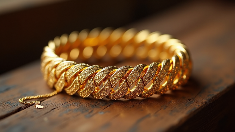 Close-up view of intricately designed 18k yellow gold bracelet