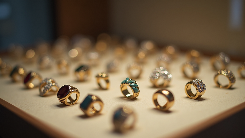 Close-up view of a jewelry display case with various rings