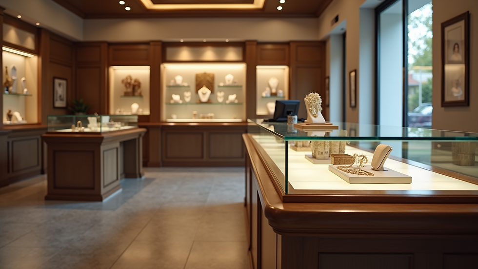 High angle view of a jewelry store counter with a customer service desk